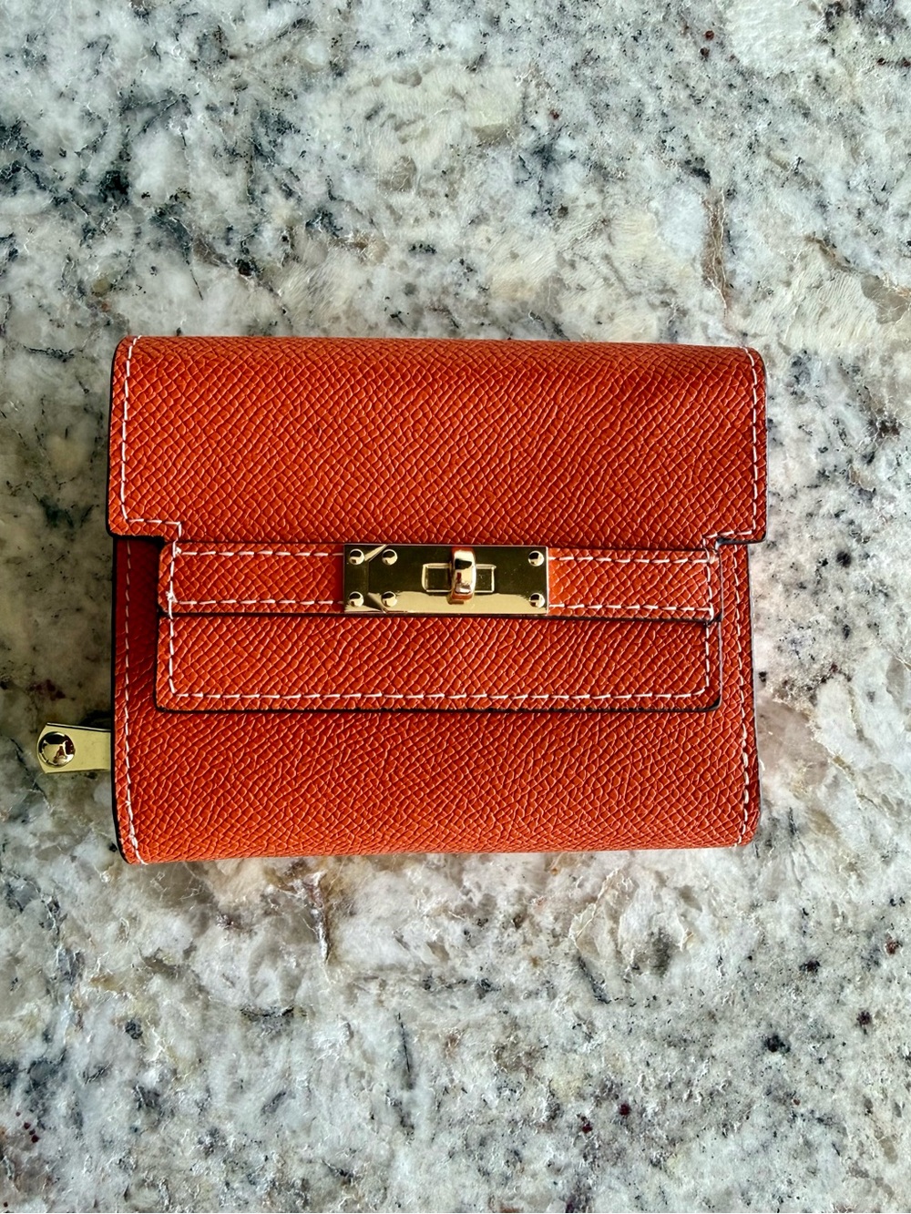 Orange Textured Leather Wallet with Gold Turn-Lock